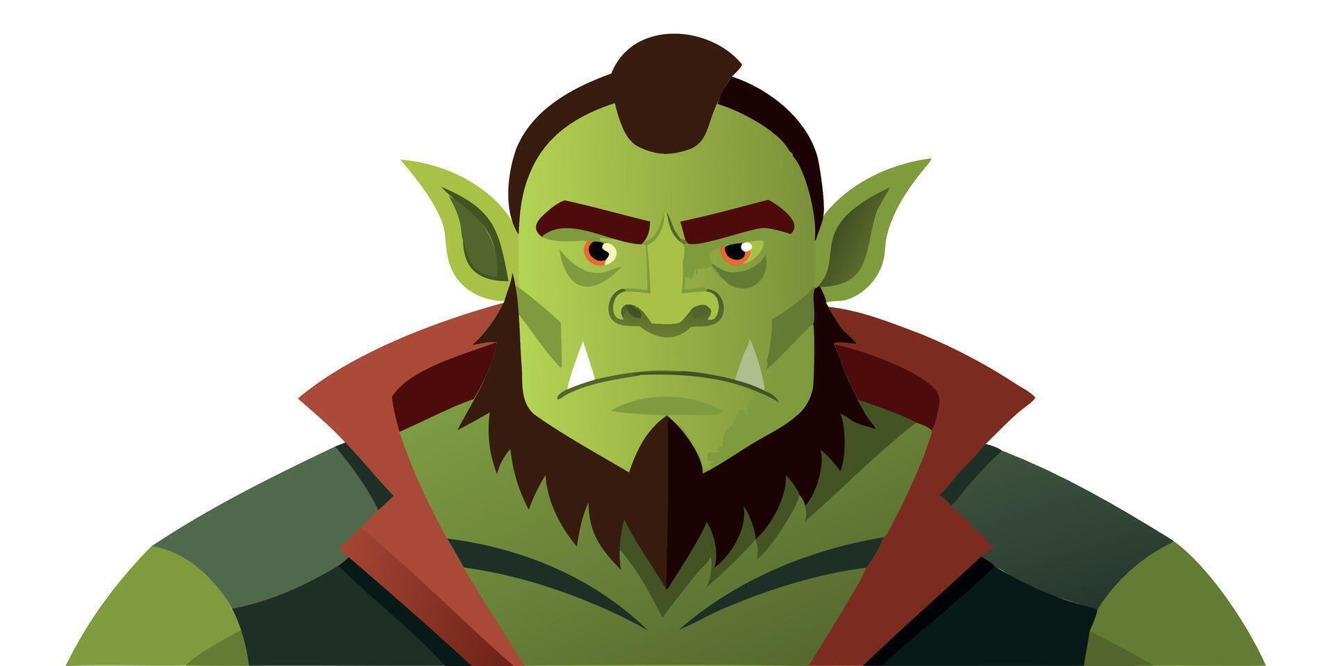 Fantasy orc character. Cartoon green goblin warrior. Evil ugly ogre. Angry troll, fairy tale gremlin face vector