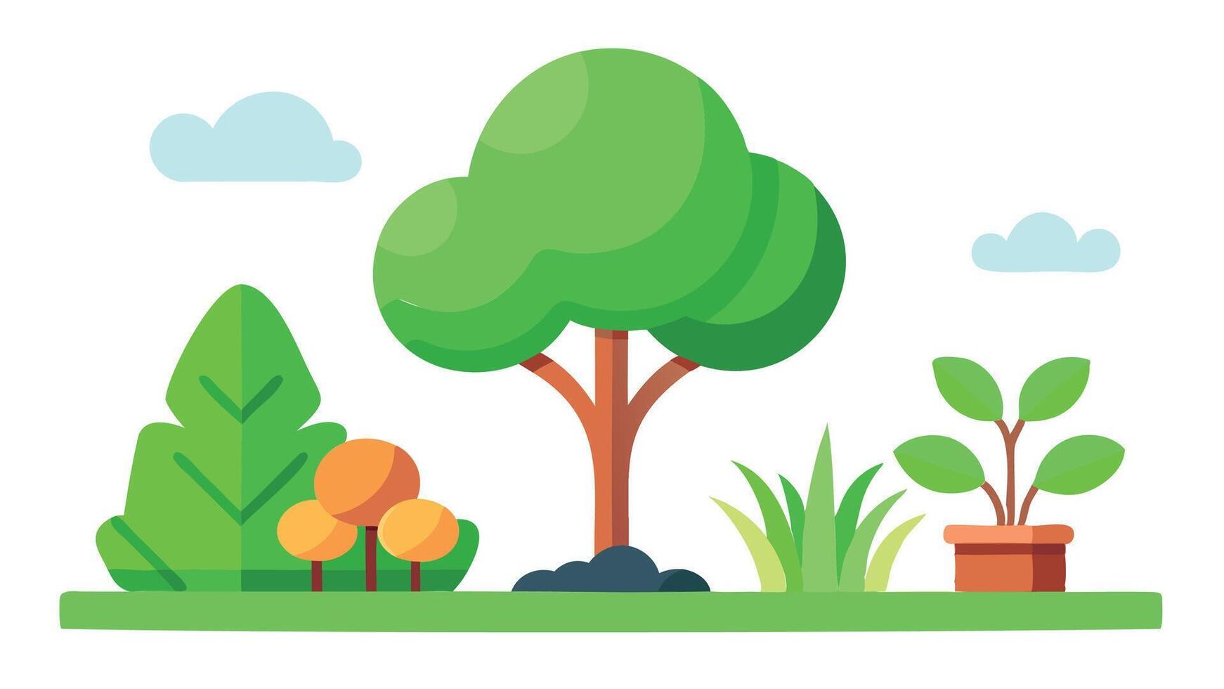 Green flat summer landscape. Cartoon woodland, natural wood environment. Plant foliage and branch. Eco illustration. Nature forest, park tree vector
