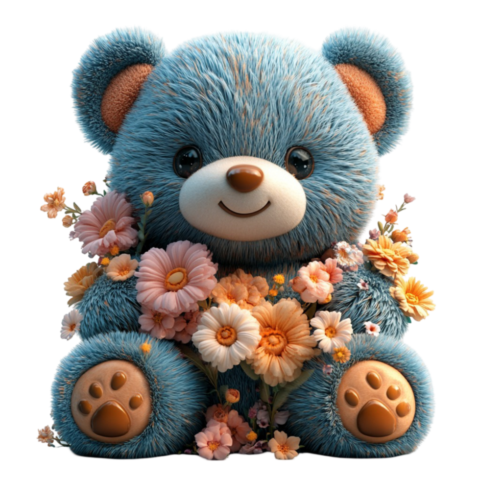 Cute Blue Teddy Bear with Floral Design On Transparent Background png