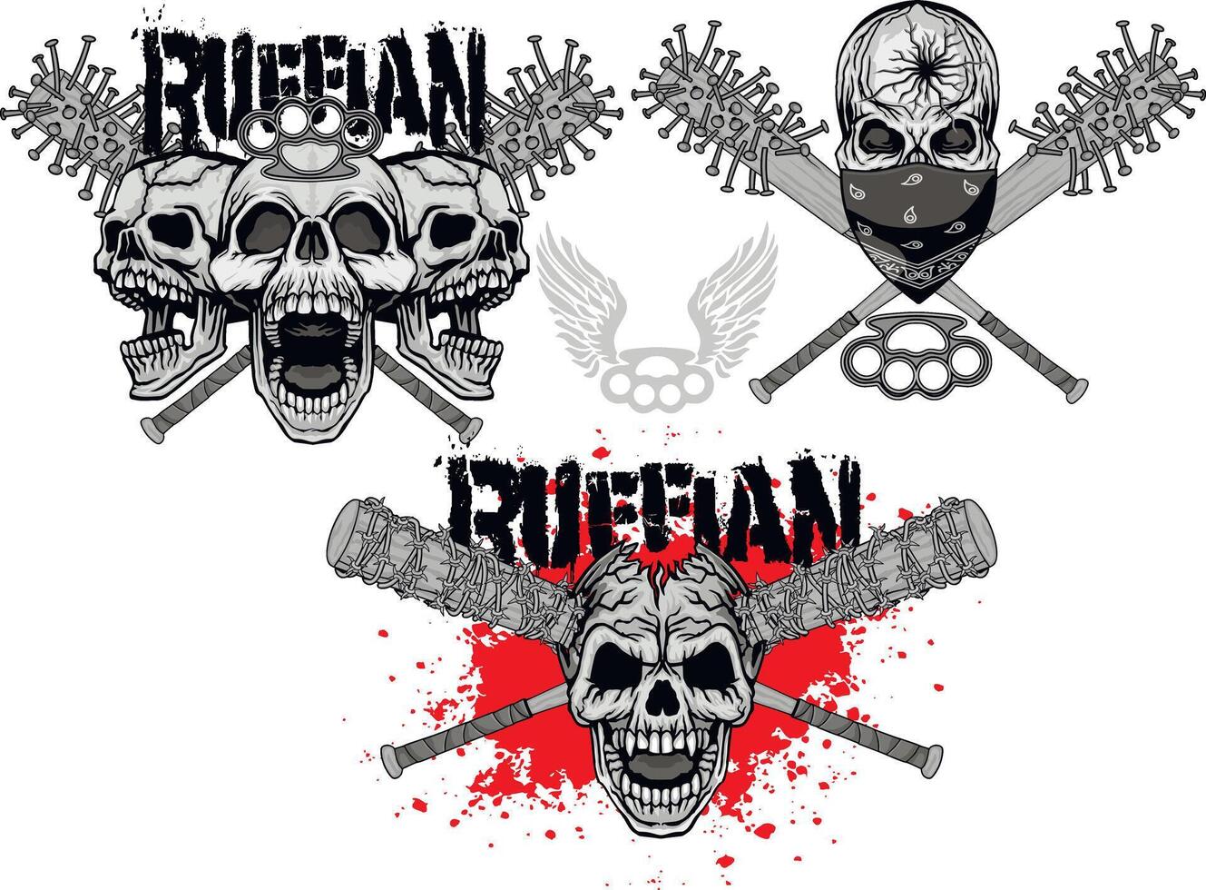 set, ruffian skulls with baseball bat vector