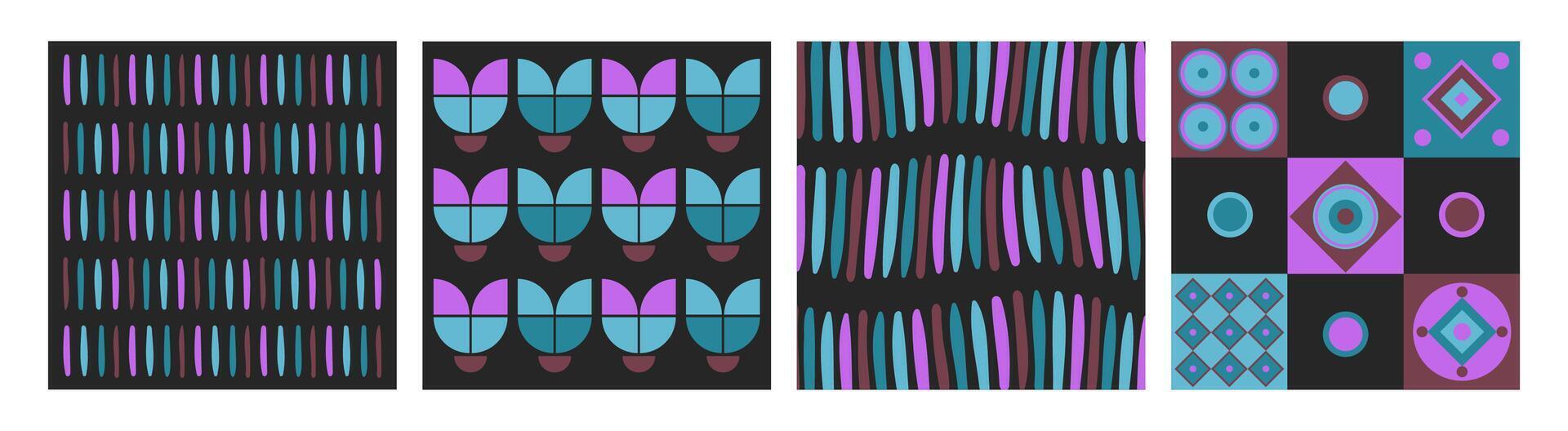 Vintage backgrounds, retro 1970s cards with patterns, meshes, geometric forms and distorted lines. decorative illustrations, abstract art. vector