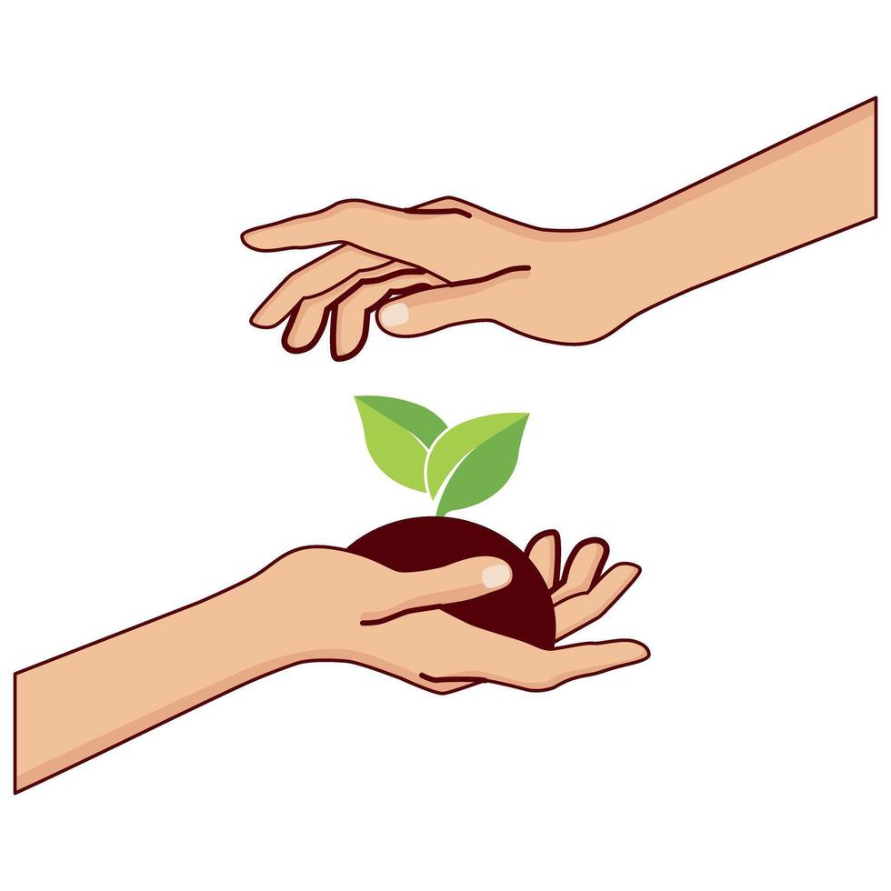 Hand holding green leaf. illustration of caring for plants vector