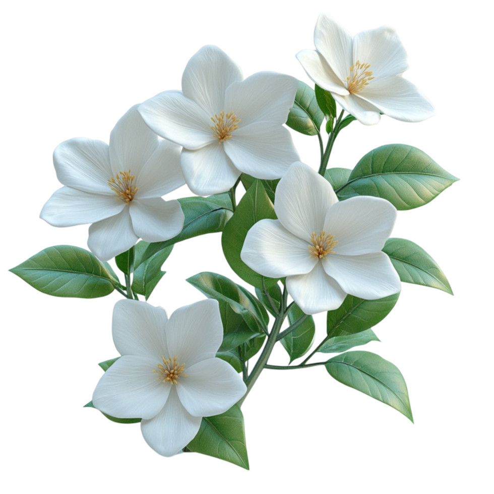 White Flowers on Branch with Leaves Isolated on Transparent Background png