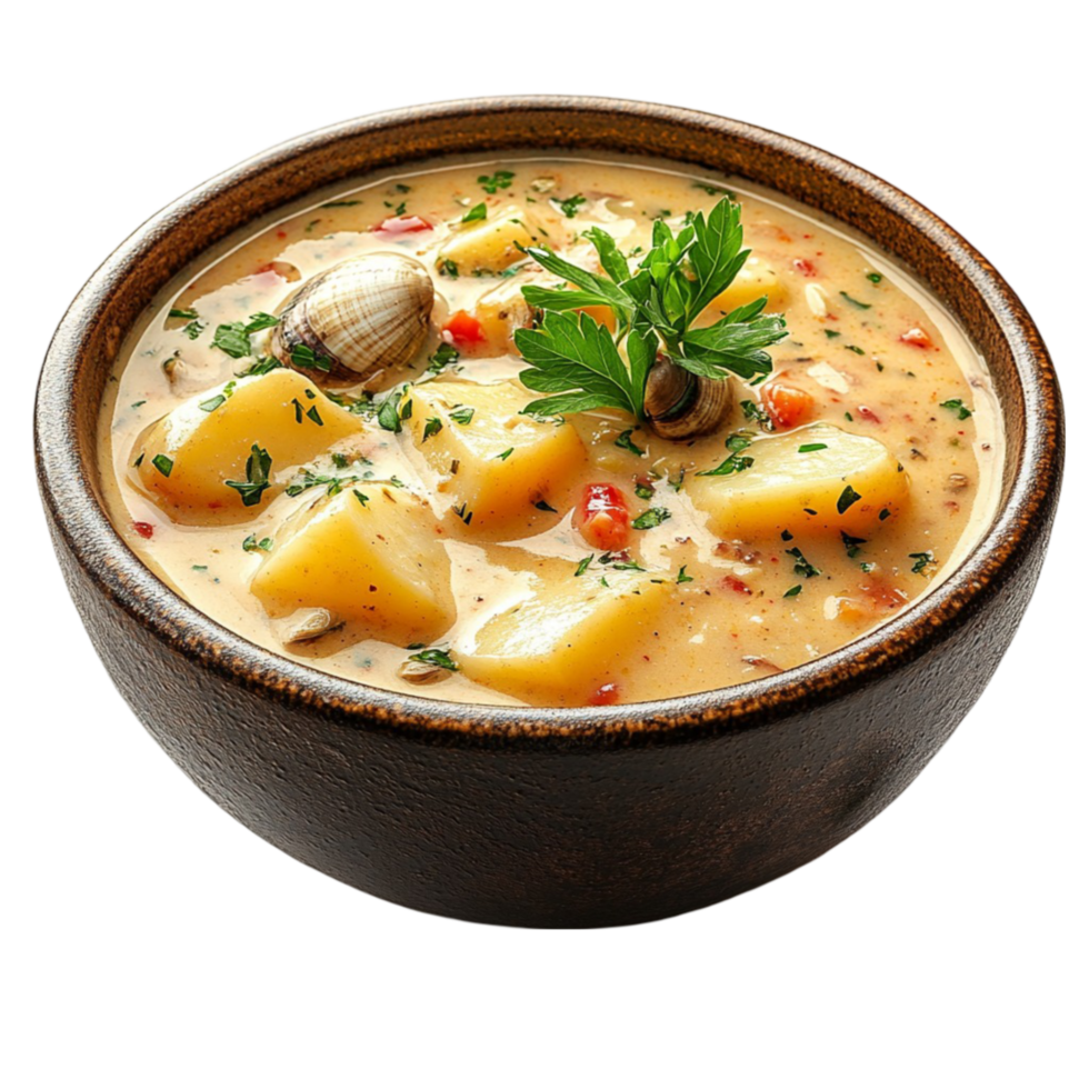 Kartoffel Suppe mit Venusmuscheln und frisch Kräuter auf transparent ...