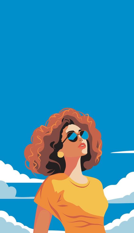 Beautiful red-haired woman in glasses against the background of sky and clouds. Women's Day, Feminism Day. flat banner with space for text. Vintage retro pin-up 70s 80s cartoon style. vector
