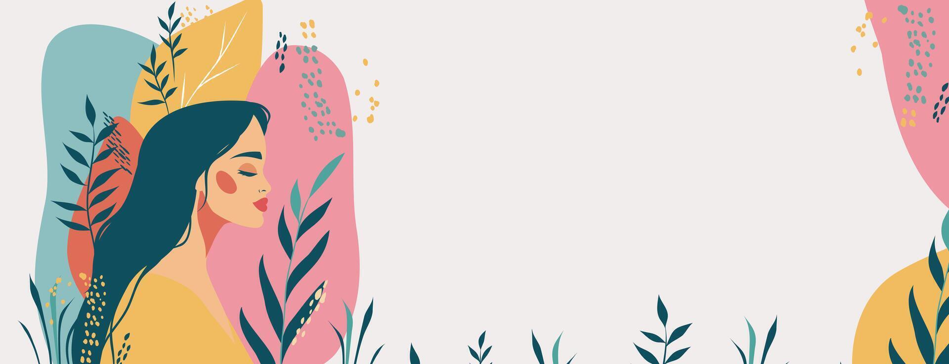 Poster postcard for the holiday International Women's Day. flat portrait with flowers of a girl woman in memphis style, abstraction with space for text vector