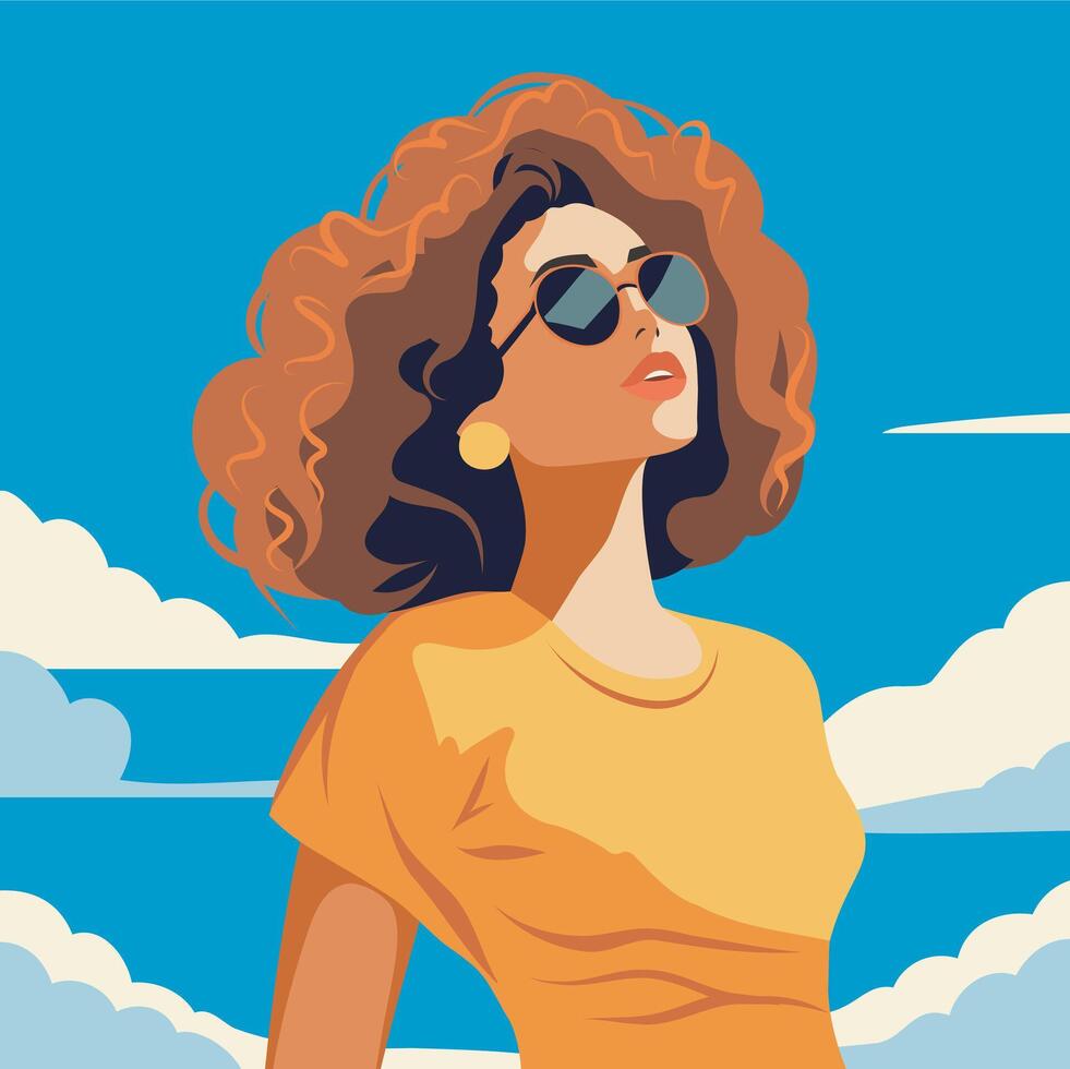 Beautiful red-haired woman in glasses against the sky and clouds. flat banner. Vintage retro pin-up 70s 80s cartoon style. vector