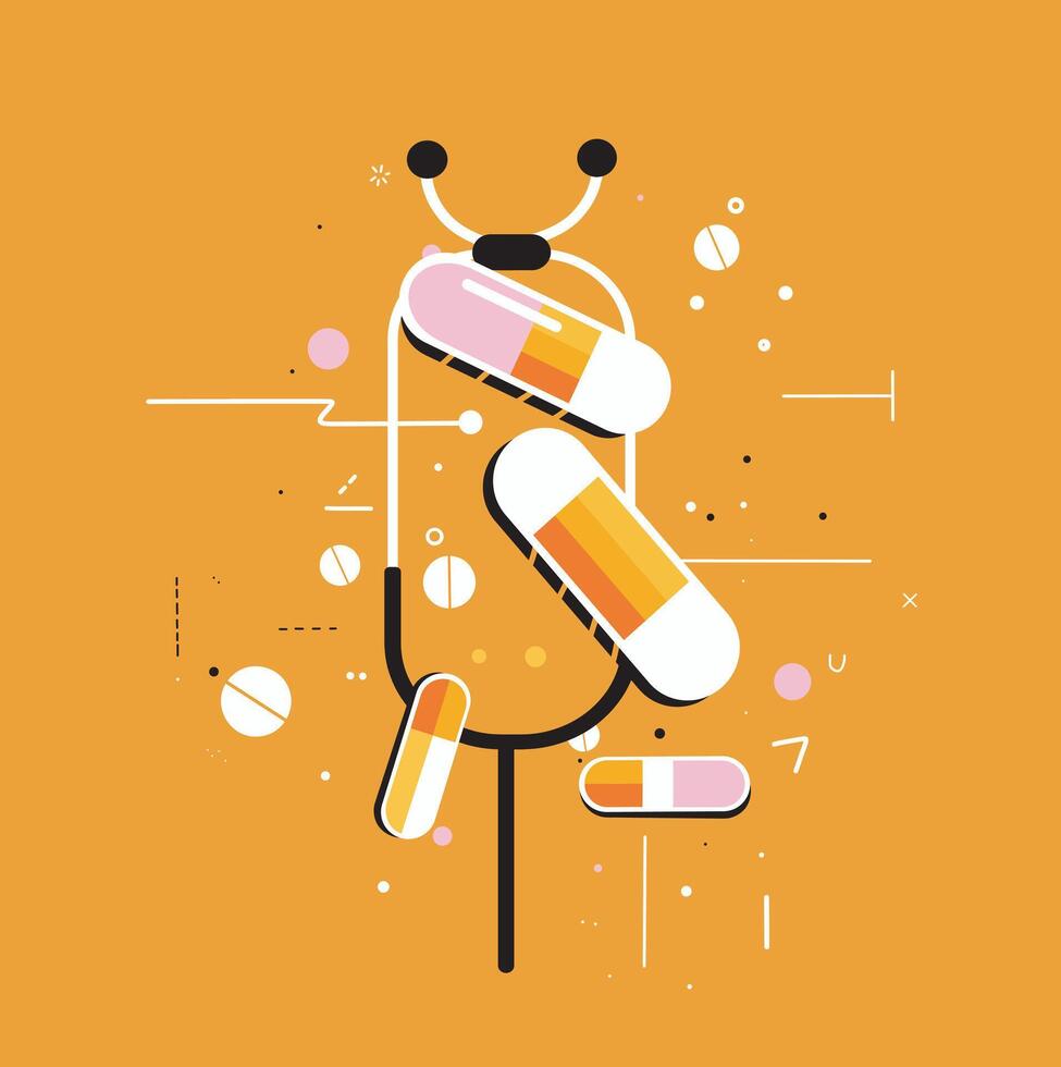 concept logo on the theme of medicine and health in memphis style. Medicine, stethoscope, medicine icon rendering illustration on a bright background vector