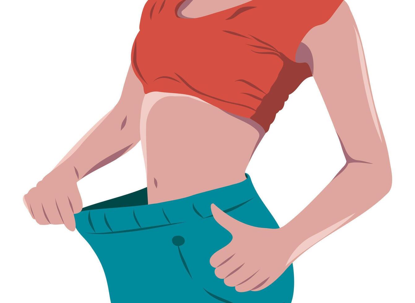 Woman girl after sports and weight loss shows how her figure parameters have decreased. Slender beautiful body. illustration for advertising flyer banner poster. vector