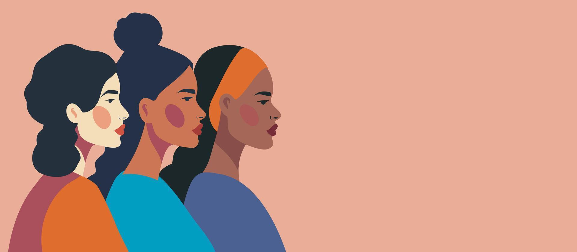 Women's day. Women of different cultures and nationalities stand side by side on beige background. Concept of movement for gender equality and women's empowerment. creative banner vector
