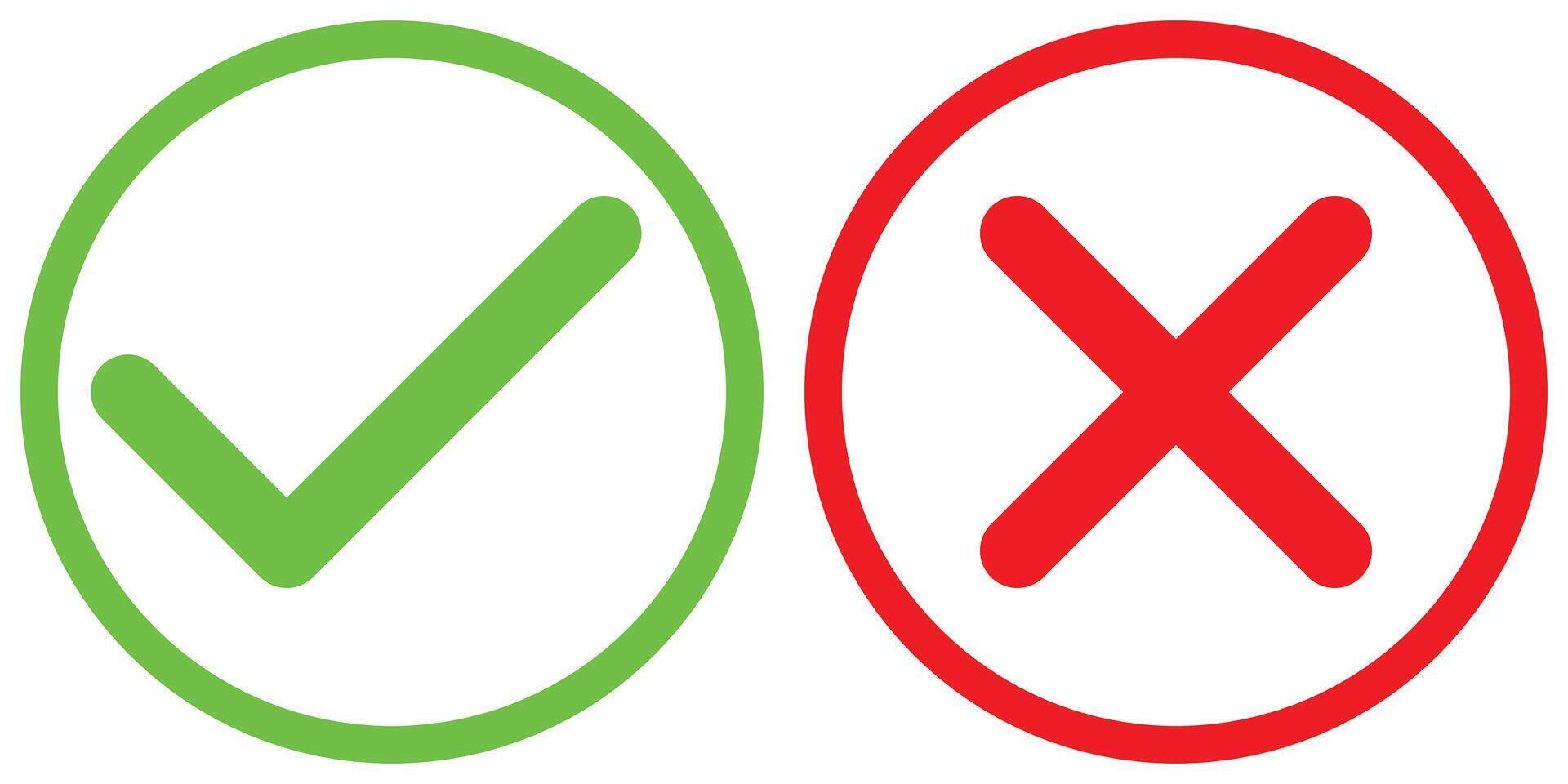 green tick and red x in circle, OK check mark and X cross icon symbol, illustration isolated on a white background vector