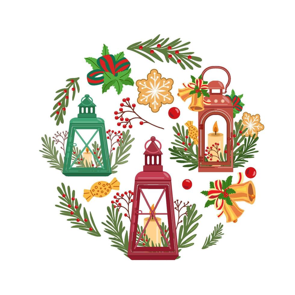Christmas wreath with lanterns, holly, gingerbread, bells, and festive decorations. Template in a circle. vector