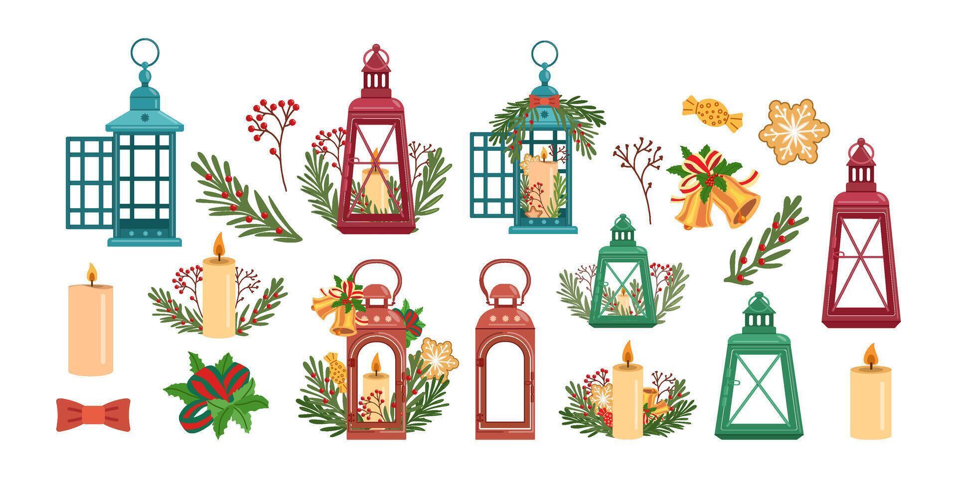 Winter Christmas lanterns. Big set of decor in flat style. vector
