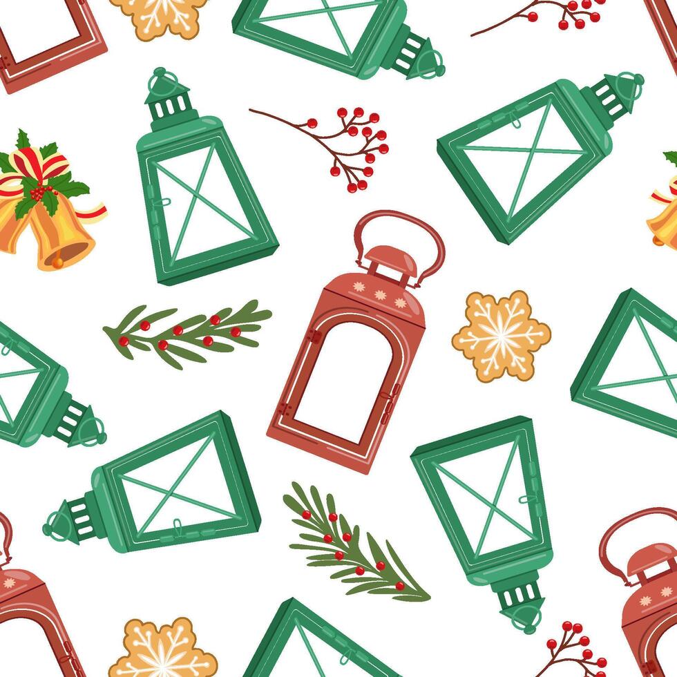 Seamless Christmas pattern with lanterns, bells, holly, gingerbread, and winter elements. vector