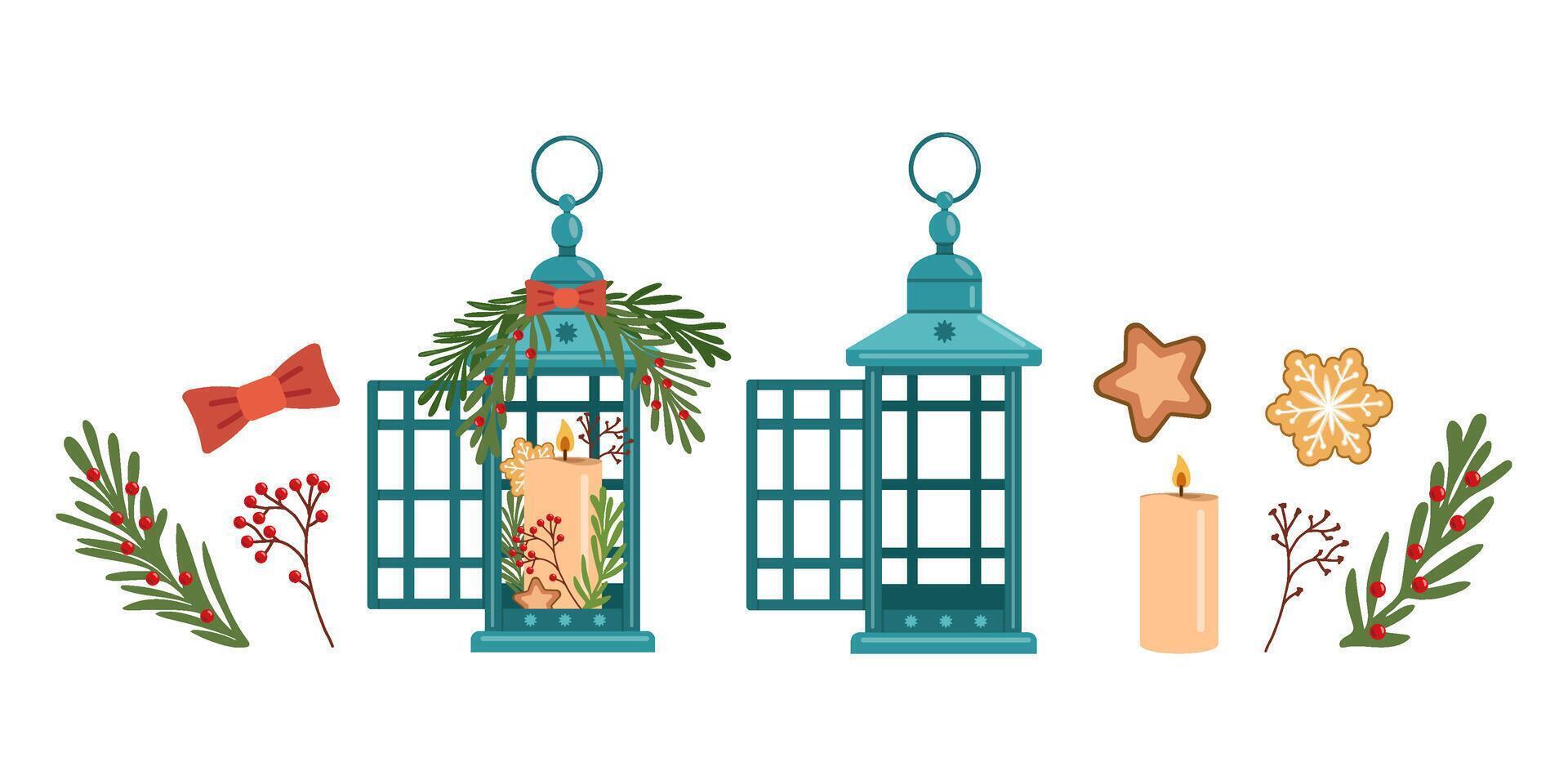 Elements set, winter christmas lanterns and holiday decor. vector