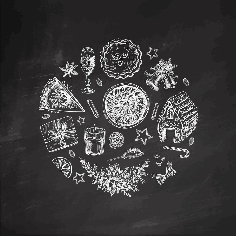 Hand-drawn christmas desserts and festive elements illustration on chalkboard background vector
