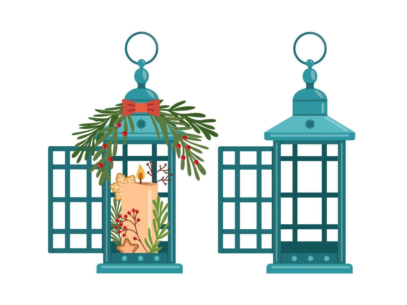 flat-style winter lanterns with christmas decorations vector