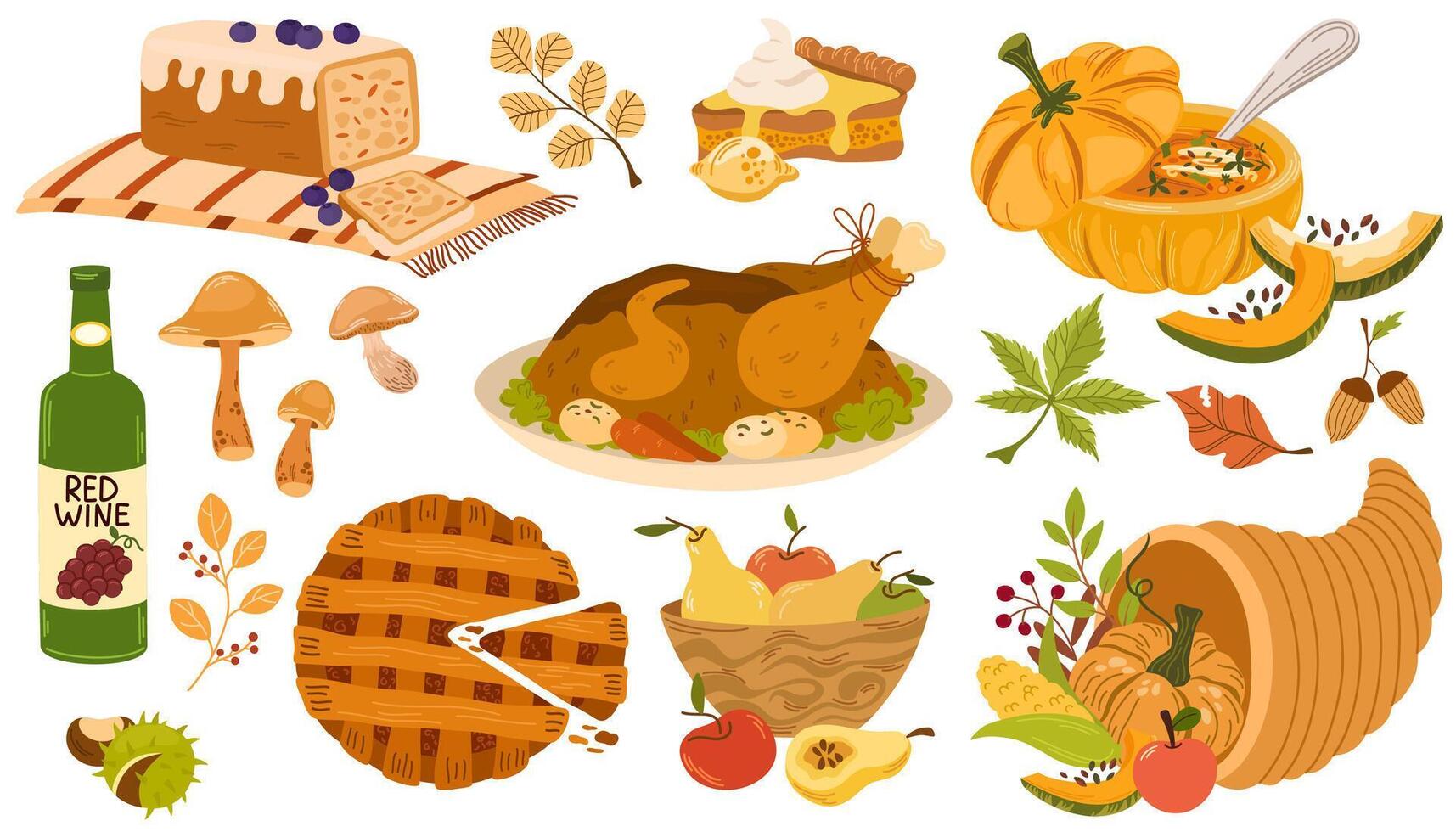 Thanksgiving day set. Harvest festival elements, turkey, corn, pumpkin pie, mushrooms, wine, autumn leaves. Family holiday icons for greeting card, scrapbooking, stickers, print. illustration vector