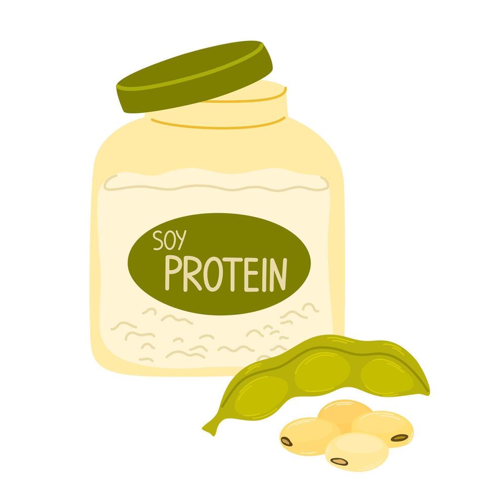 Soy protein powder. Vegan plant-based soya supplement from soybeans for bodybuilding. Healthy lactose-free soja whey ingredient, jar and pile. Flat illustration isolated on white background vector