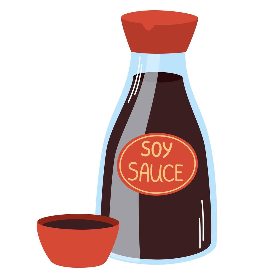 Soy sauce bottle, traditional Asian Japan condiment. Liquid ingredient in glass container. Japanese and Chinese cuisine flavor for garnish. Flat illustration isolated on white background. vector