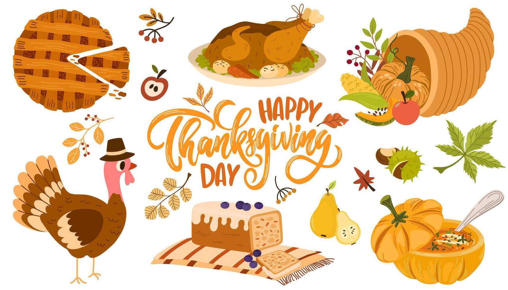 Thanksgiving day set. Harvest festival elements, turkey, corn, pumpkin pie, autumn leaves. Family holiday icons for greeting card, scrapbooking, stickers, print. illustration isolated vector