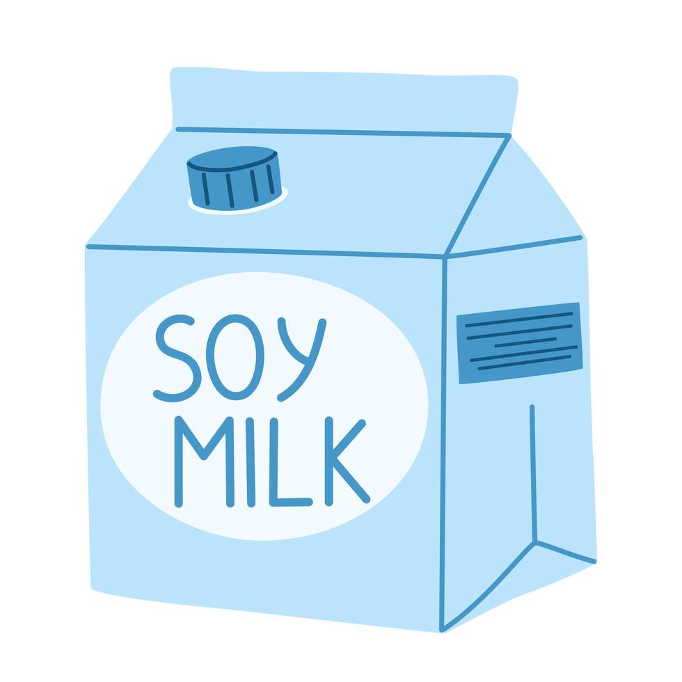 Soy milk products. Vegan plant-based drink. Soy milk in carton. Healthy lactose and dairy free produce from soybeans. Flat illustration isolated on white background vector