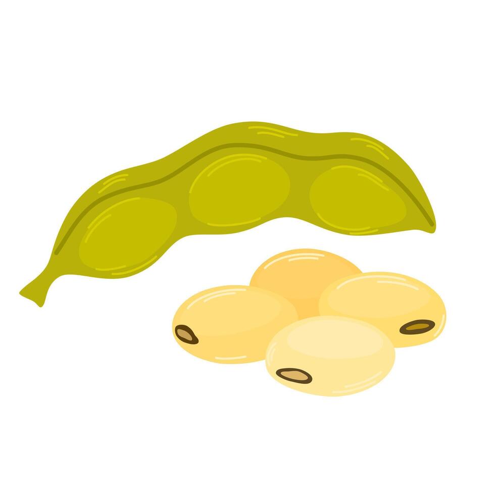 Raw soy, soybeans pods isolated set. Green fresh bean husk with seeds and leaves, soya natural vegetable plant. healthy food cartoon illustration soybeans, organic veggies, harvest vector