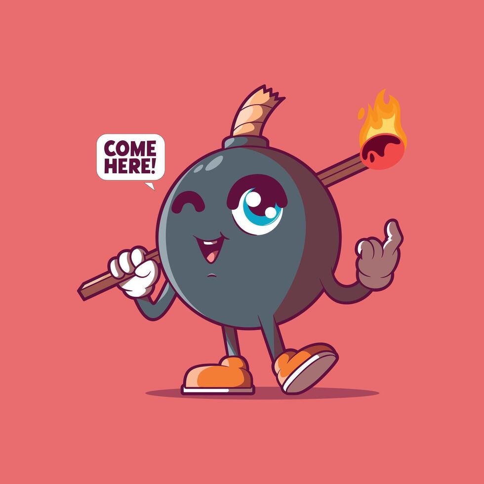 Cute bomb character holding a match smiling. vector