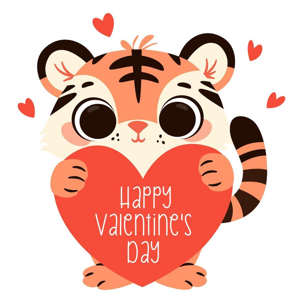 Cute illustration in children's style for Valentine's Day. Cute tiger cub holding a big red heart, a Happy Valentine's Day inscription vector