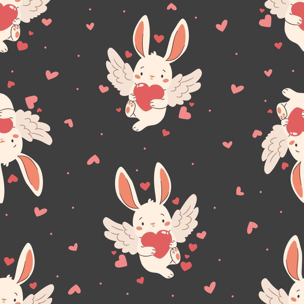 Seamless pattern for valentine's day. Cute cupid rabbit with wings holding a heart vector
