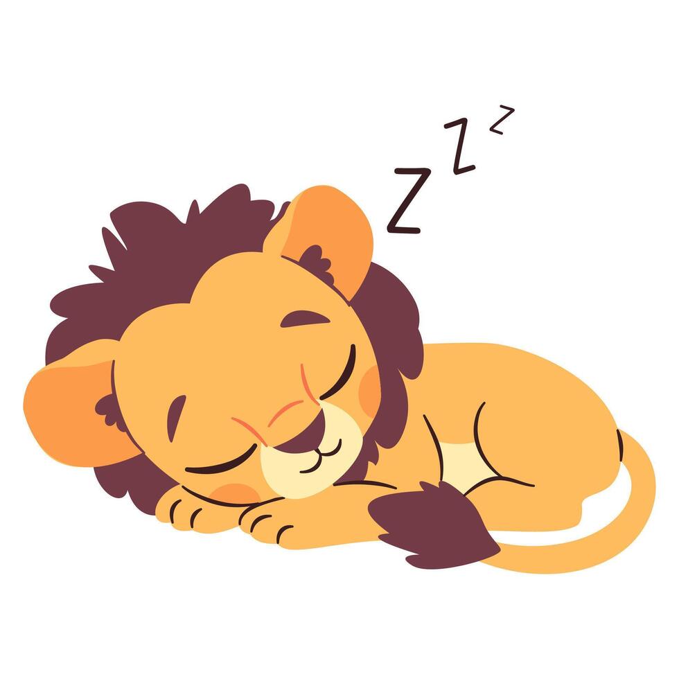 Flat illustration in a simple children's style. Cute lion cub sleeping on white background vector