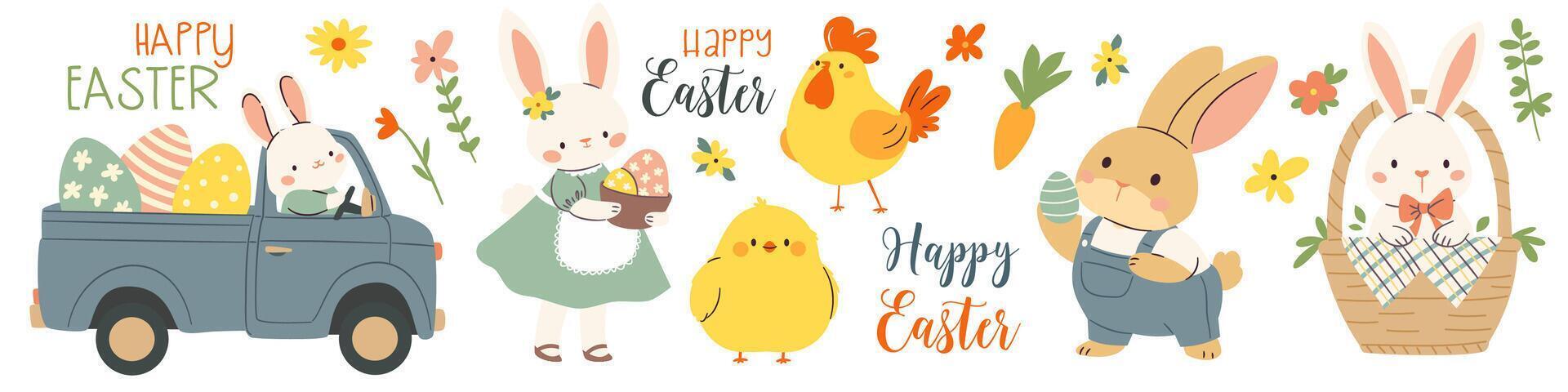Set of flat illustrations in children's style on the theme of Easter holidays. Cute bunnies on a truck, chickens Easter eggs daisies and plants, lettering Happy easter vector