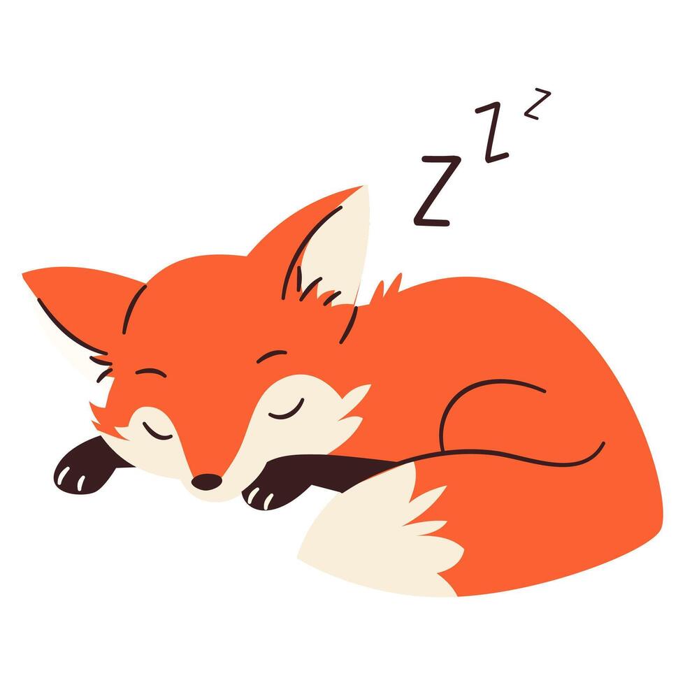 Flat illustration in a simple children's style. Cute fox sleeping on white background vector