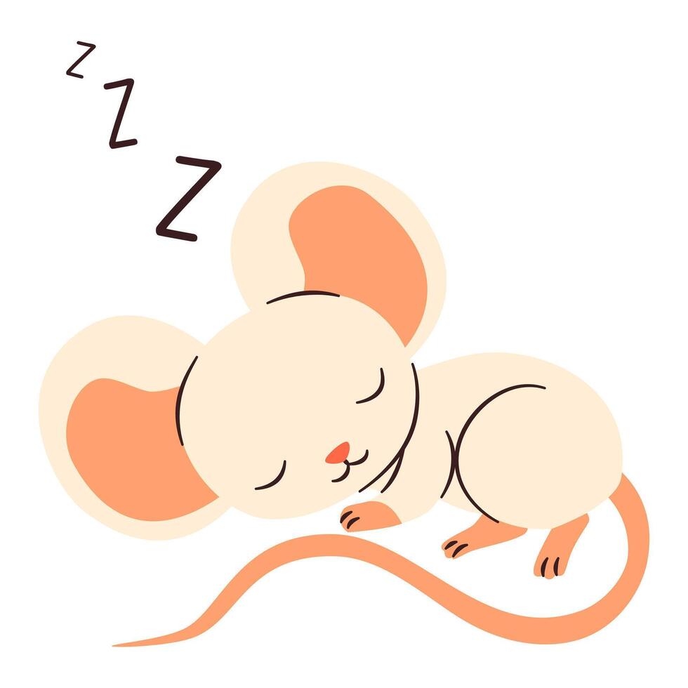 Flat illustration in a simple children's style. Cute mouse sleeping on white background vector