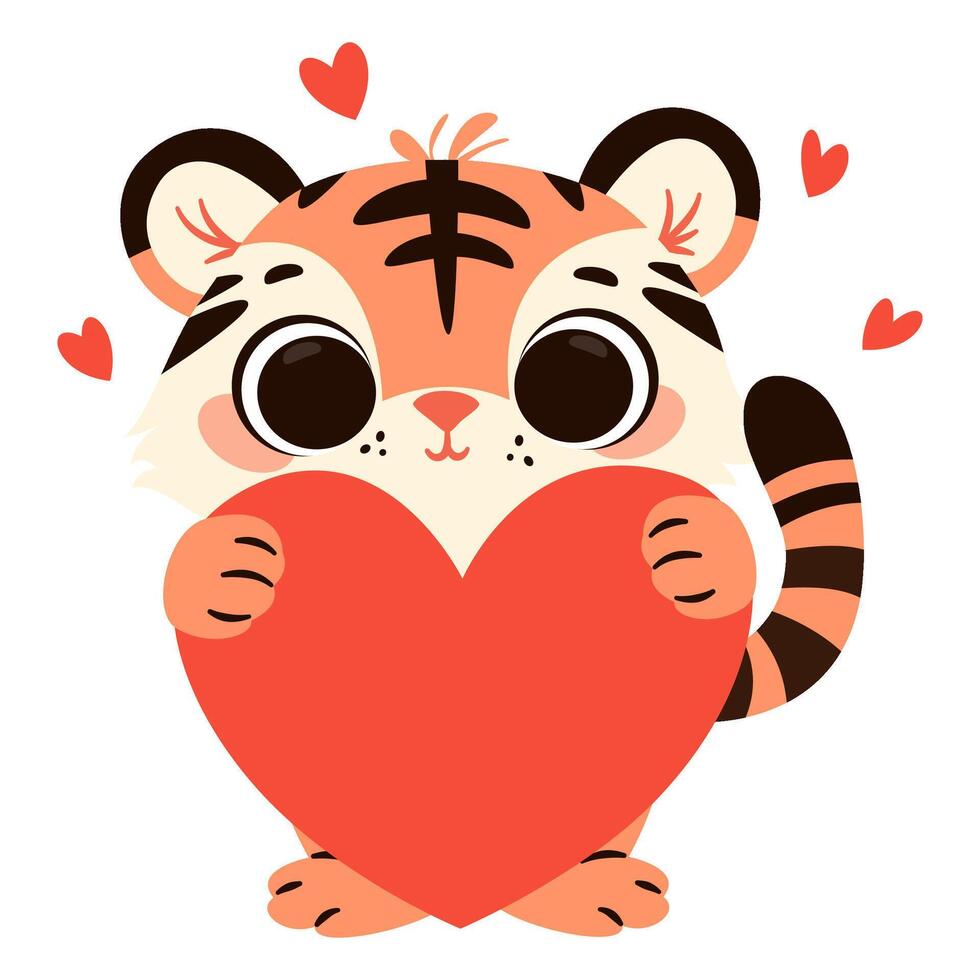 Cute illustration in children's style for Valentine's Day. Cute tiger cub holding a big red heart vector