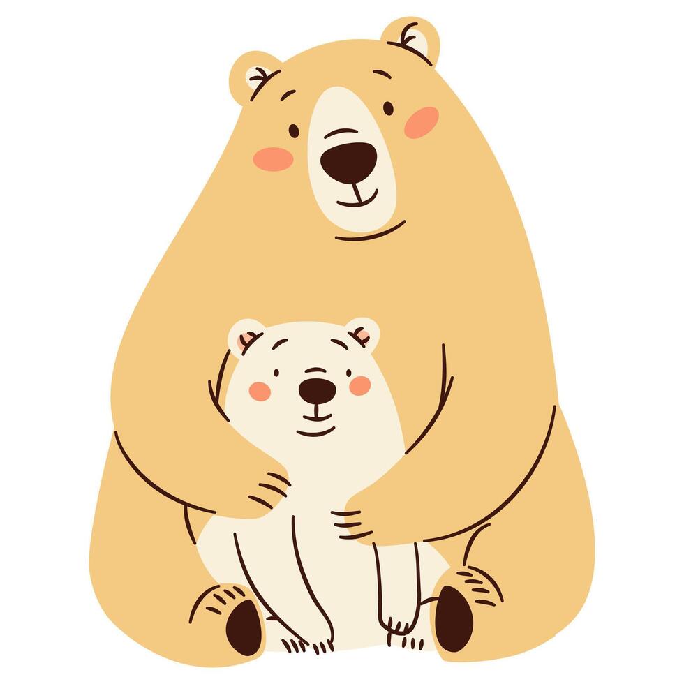Set of flat illustrations in a simple children's style. Cute bear and her cub bear on white background. Forest animals and their cubs. vector