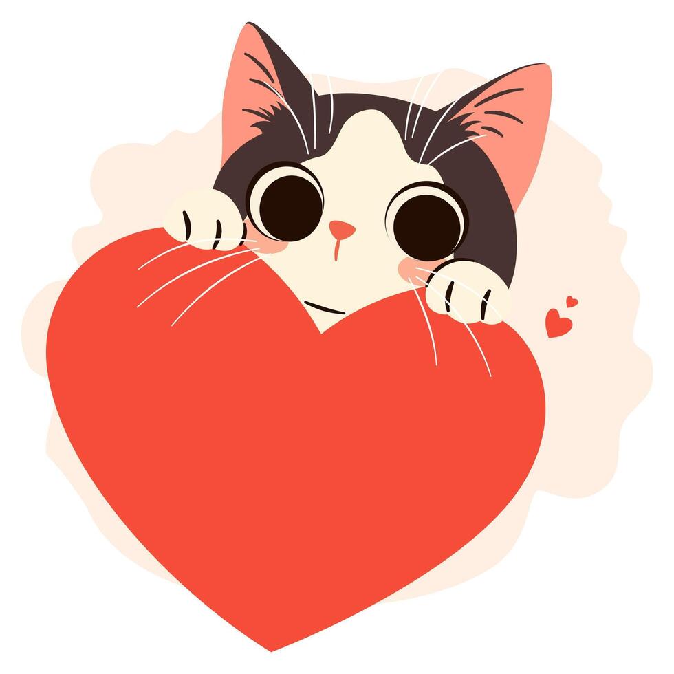 Cute illustration in children's style for Valentine's Day. Cute kitten hiding and peeking out from behind a big heart vector