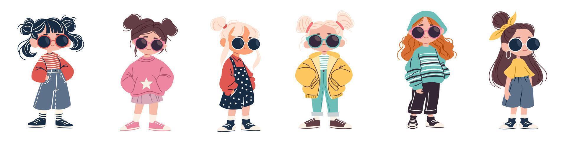 Set of illustrations in children's style. Cute girls in fashionable stylish clothes and sunglasses vector
