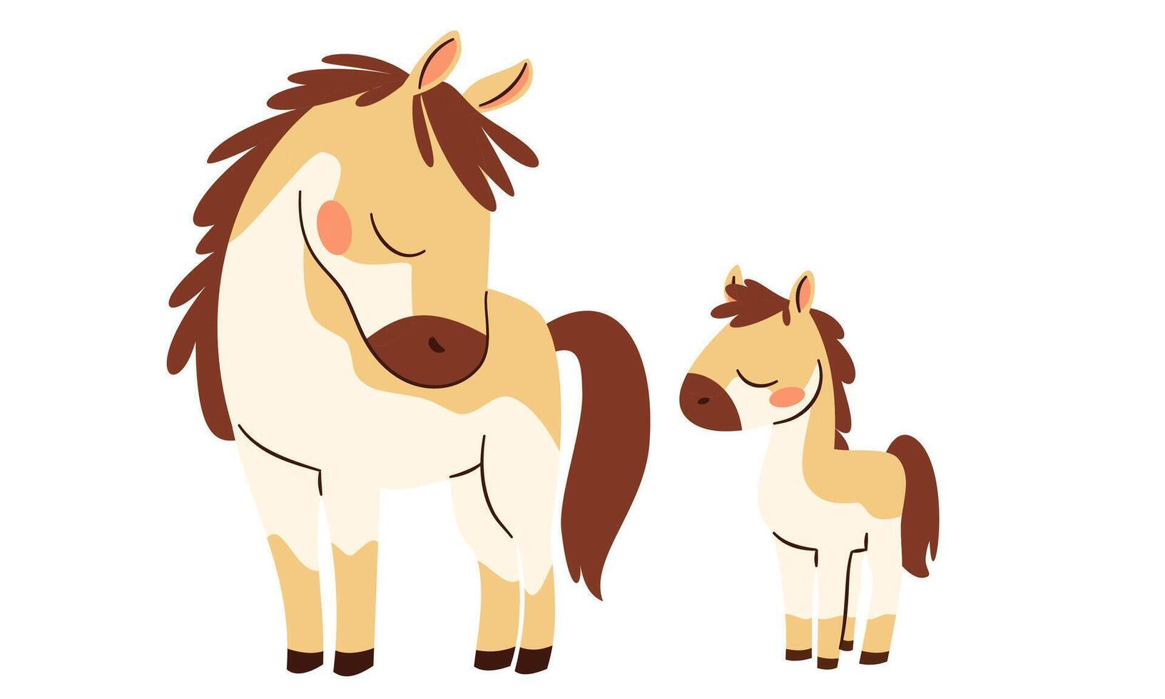 A set of flat illustrations in children's style. Cute horse and her baby foal. Farm animals and their cubs vector