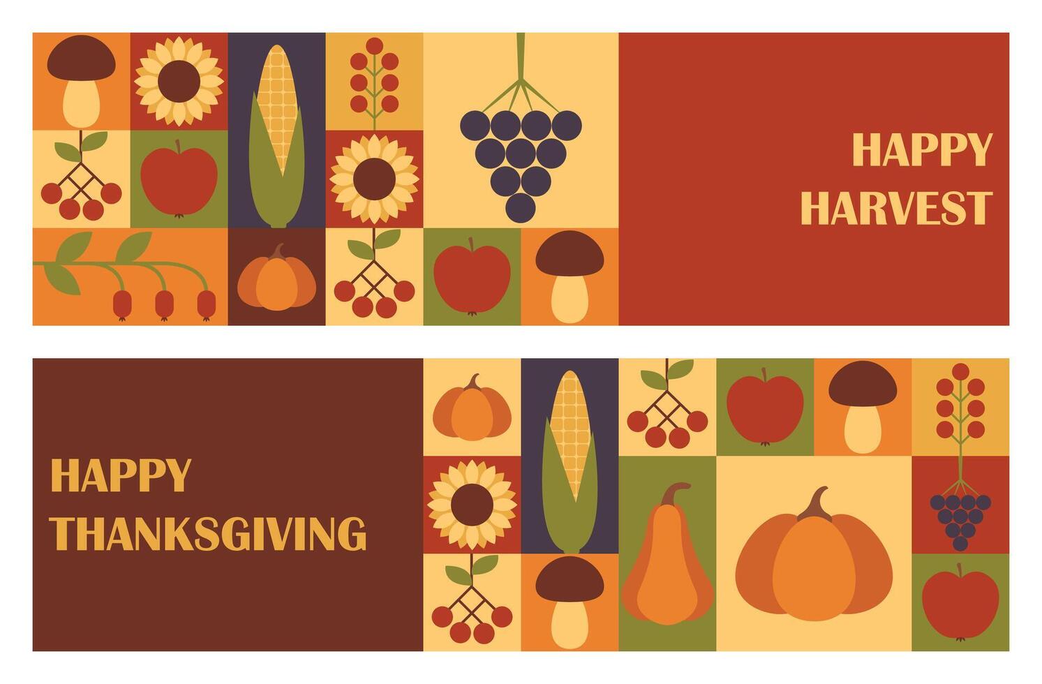 Set of horizontal banners Happy Harvest and Happy Thanksgiving. Greeting card design template with abstract geometric print. illustration vector