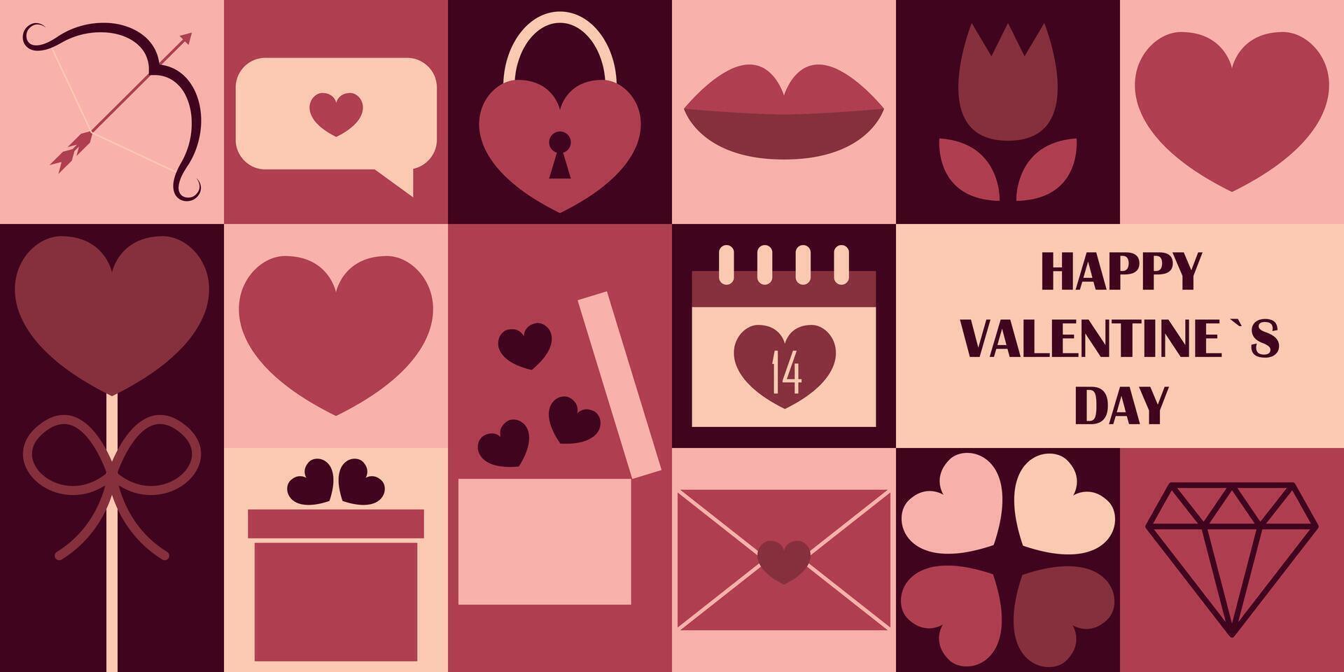 Geometric collage for Valentine's Day. Mosaic pattern. Holiday banner with heart, envelope, gift, calendar and flower. illustration vector