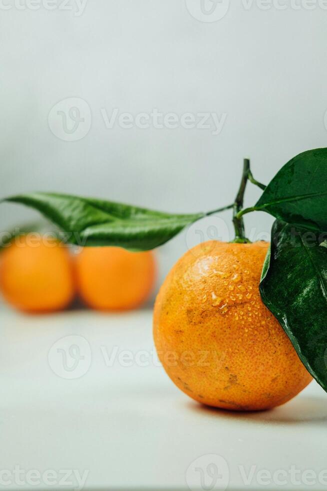 a close up of two oranges with leaves photo