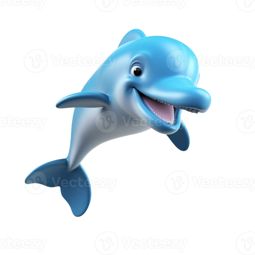 Happy 3D Dolphin Cartoon Character Jumping Out of Sparkling Waves png