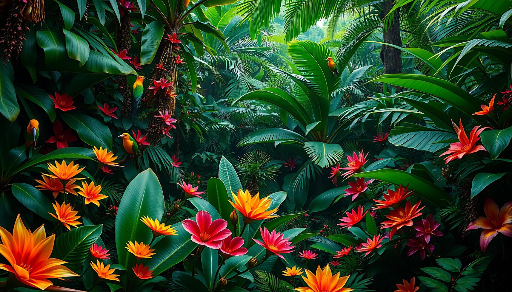 Vibrant Rainforest with Tropical Birds and Flora photo