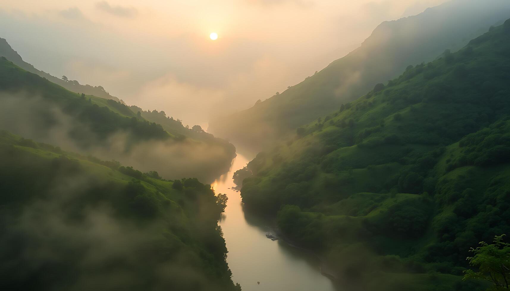 Foggy Valley with Winding River and Green Hills photo