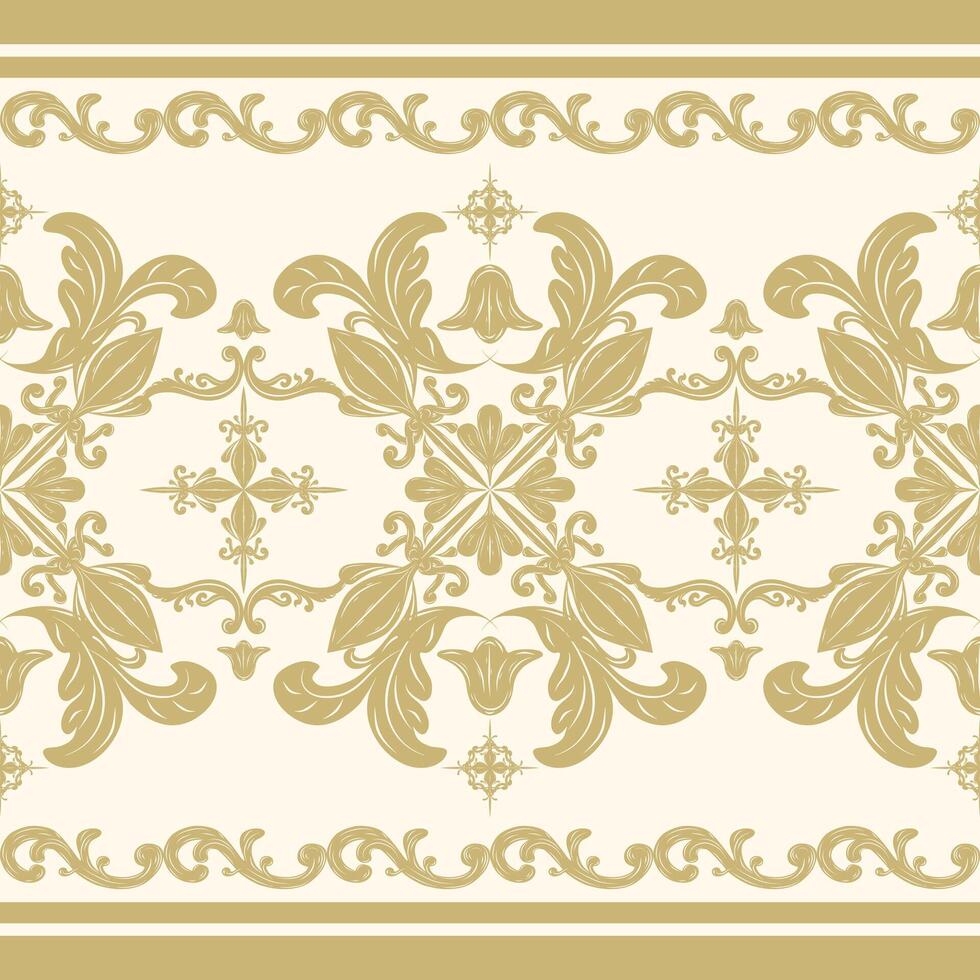 Exquisitely Gold Silk Embroidery Weaves On Light Cream Background. Rich Style Border Pattern inspired by Nature Leaves Florals Buds Scroll Curly Seamless Stripe for Royal Luxury Design work vector