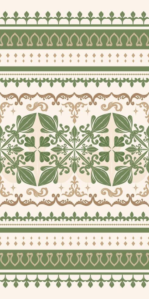 Luxury of Springs Season Ornate Scroll Ornament Leaves Buds Florals and Branch on Light Cream Background. Rich Border Green Embroidery and Brown Decoration Pattern. Elegant Elf Theme in the Forest. vector