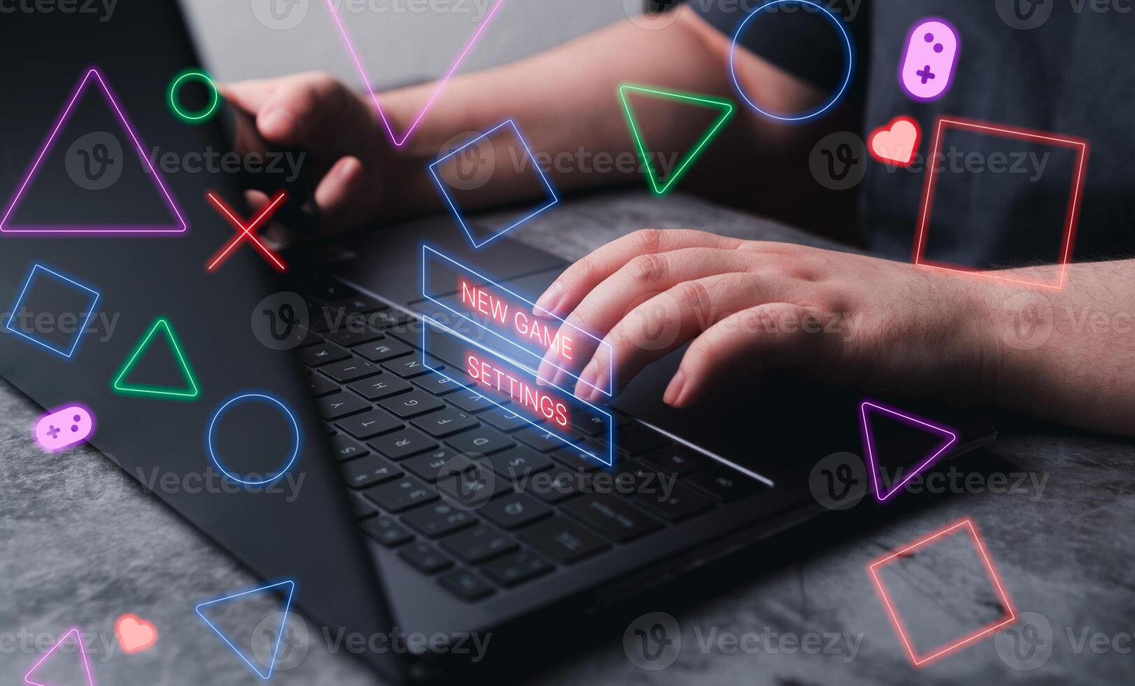 Woman gaming in laptop with VR interface. Playing online concept with empty space for text. Online entertainment and gamification. photo