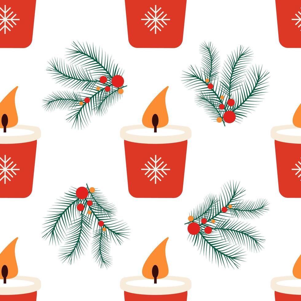 Christmas candle and pine branches pattern on white background vector