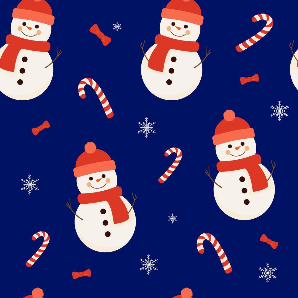 Snowmen, candy canes, and snowflakes seamless pattern on dark blue background. vector